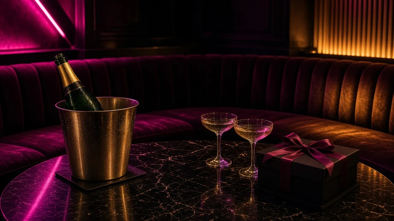 VIP lounge table with champagne and gift box under neon